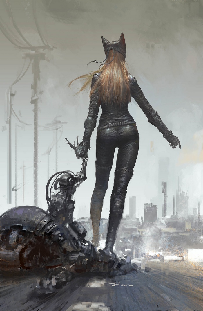 Catwoman standing over a defeated robot in a futuristic city