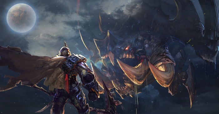 Warrior facing a giant monster under a large moon
