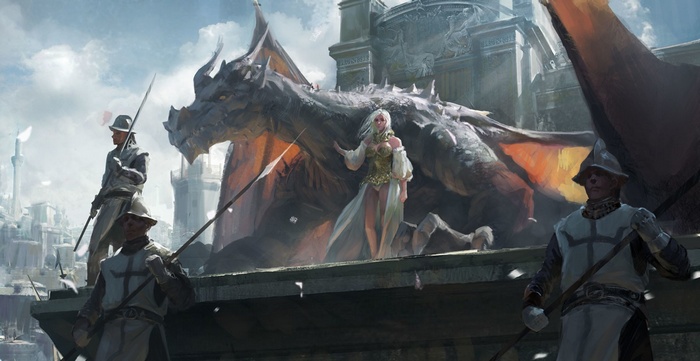 Dragon with a woman and guards in a city