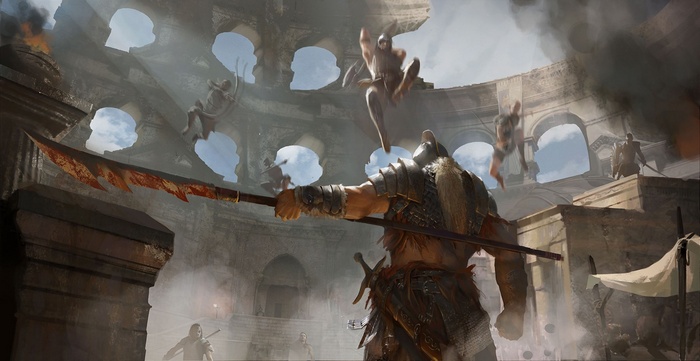 Fantasy warriors fighting in a ruined arena with spears