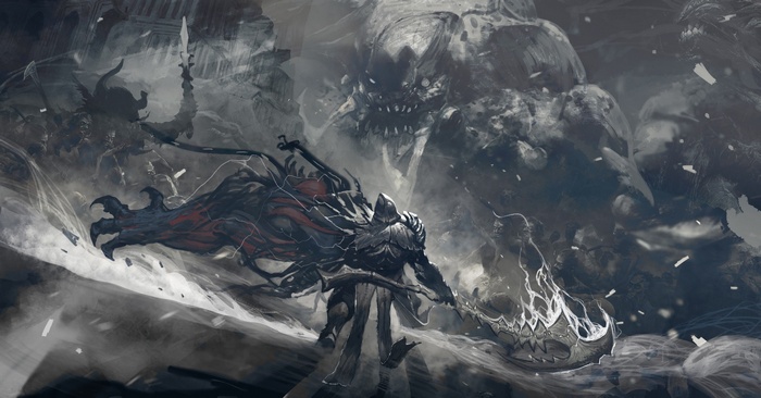 Fantasy warrior facing a giant monster