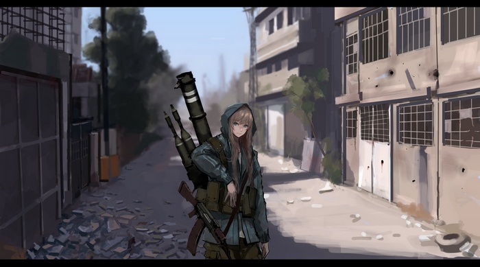 Anime girl with weapons in a destroyed city