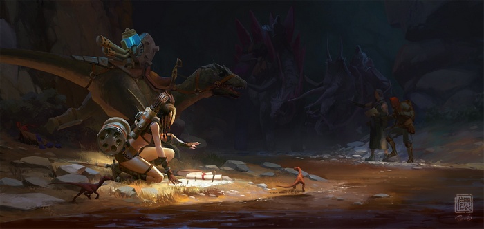 Fantasy art of a woman and dinosaurs in a cave