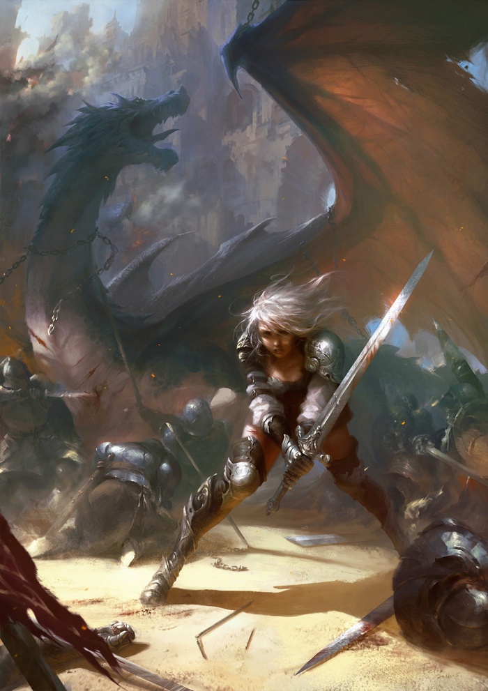 Dragon and warrior in a fantasy battle
