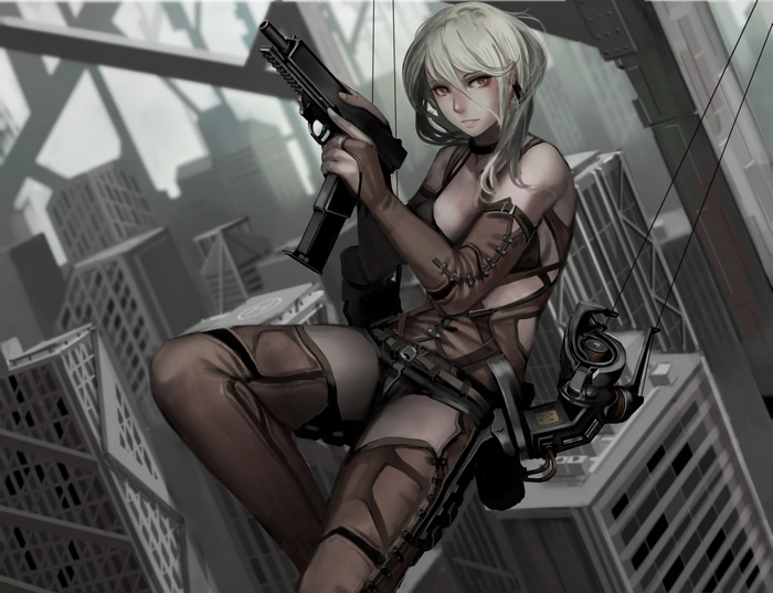 Anime girl with gun in a city