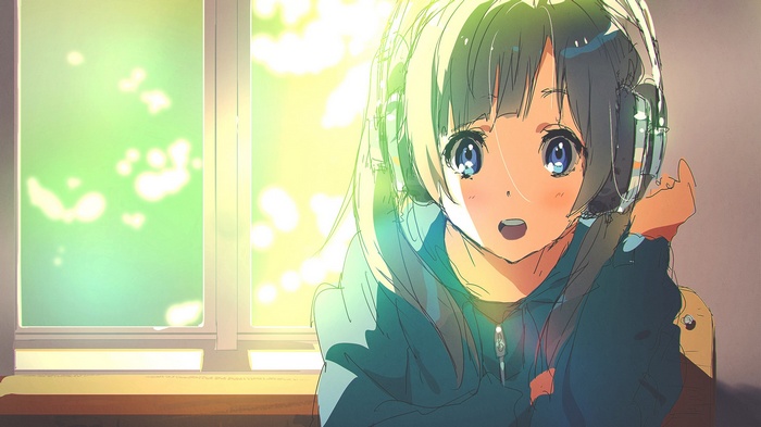Anime girl with headphones by the window