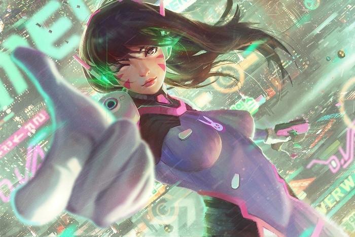 D.Va from Overwatch in a futuristic city