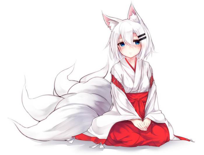 Anime girl with white hair and fox ears in Japanese clothes