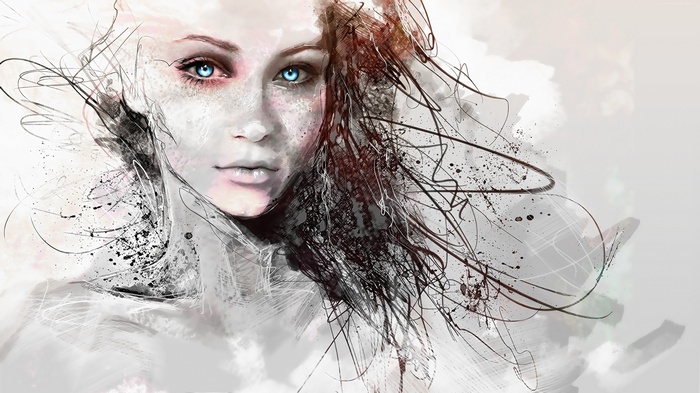 Abstract digital art portrait of a woman with blue eyes