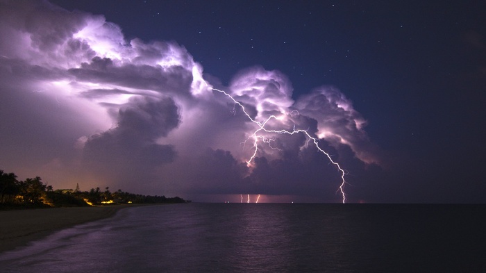 storm, stars, coast, sand, nature, landscape, lightning, evening, tropical, horizon, palm trees, beach, clouds, lights, sea