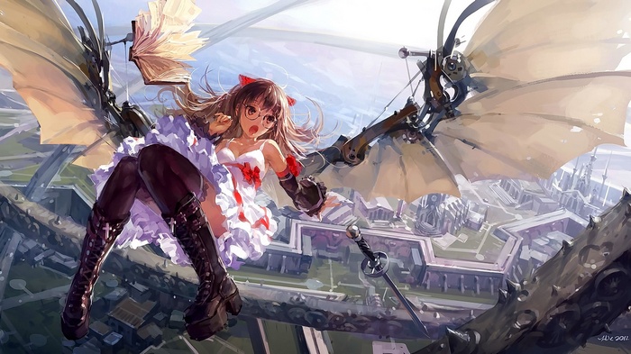 Anime girl with mechanical wings flying over a city