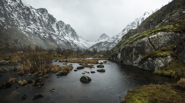 Snow-capped mountains and a river in a valley