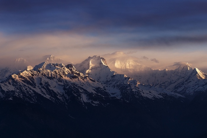 Snow-capped mountains in the Himalayas at sunrise