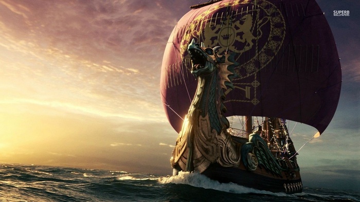 A Viking Drakkar Ship Sails Through the Ocean