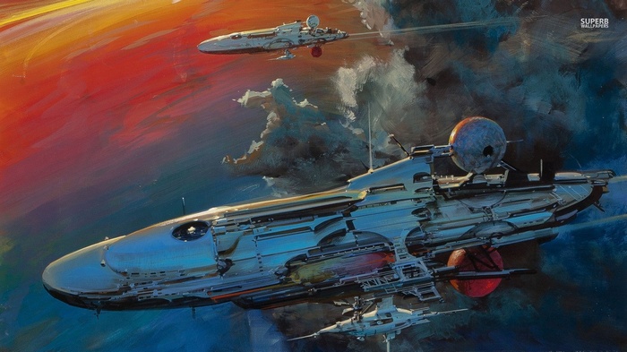 Artwork of spaceships in a colorful nebula