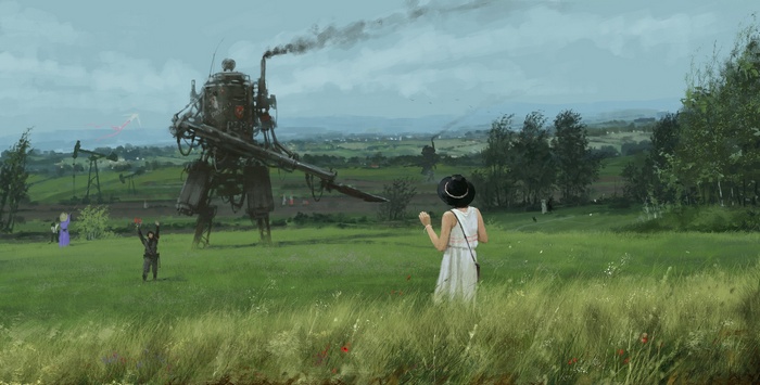 Jakub Różalski's artwork of a steampunk robot in a field