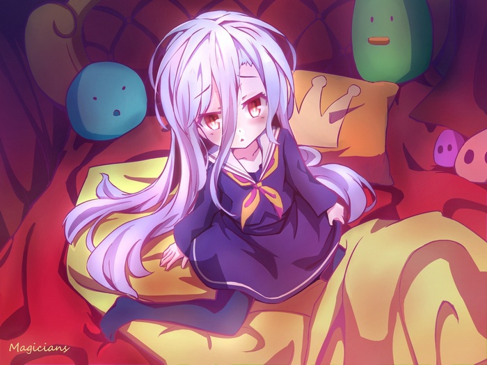 Shiro from No Game No Life sitting on a bed