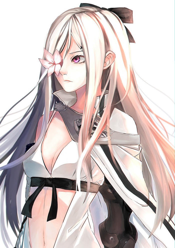 Anime girl with long white hair and flower over eye