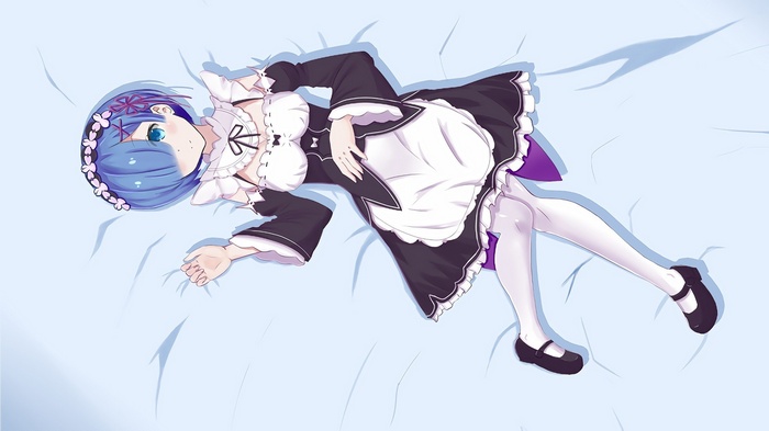 Rem from Re:Zero lying on a bed