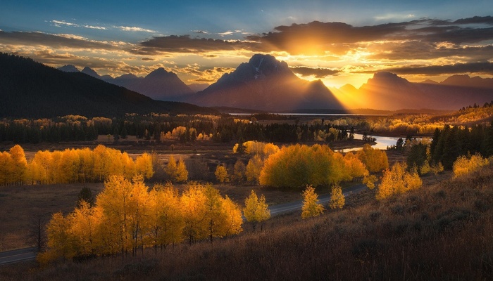 Sunset over Grand Teton National Park with autumn trees