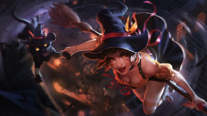 Nidalee and her cat flying on a broomstick