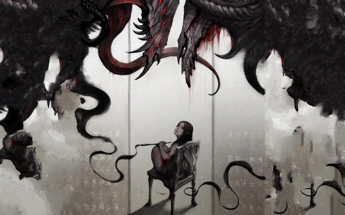 A girl sits in a chair under a dark creature
