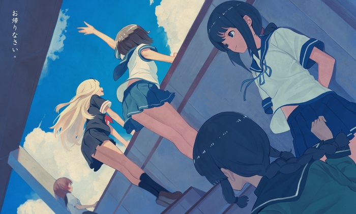 Girls in sailor uniforms on a rooftop