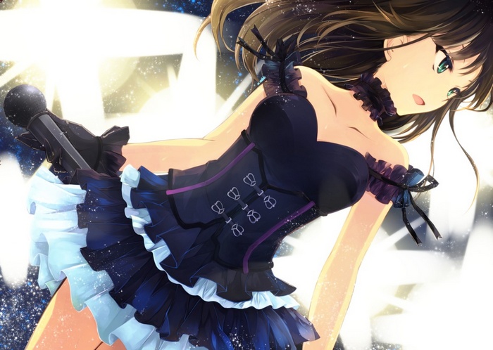 Anime girl in a dark dress holding a microphone