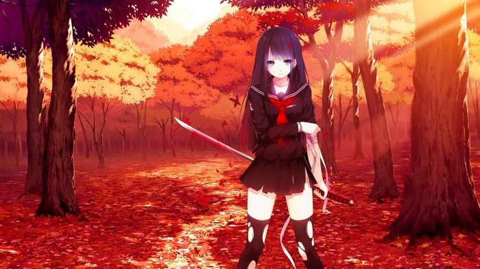 Anime girl with katana in a forest