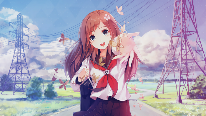 Anime girl with butterflies and power lines