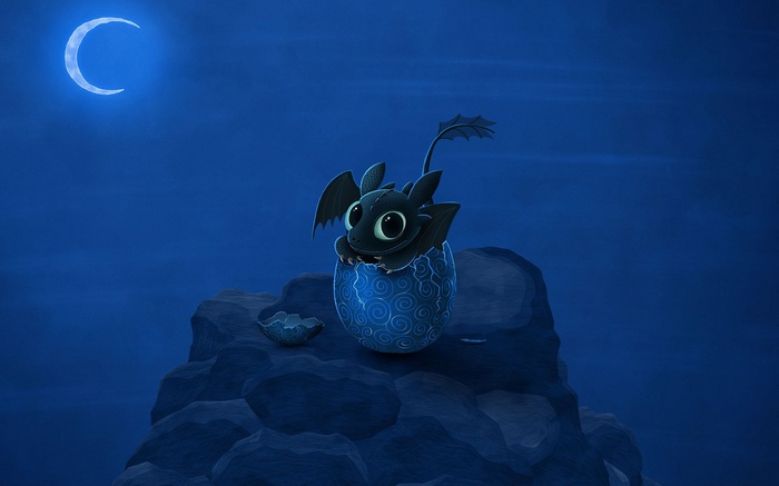 Baby Toothless Dragon Hatching from Egg on Rock Under Moon