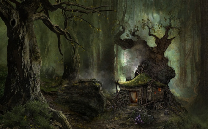 Fantasy forest with a small stone house built into a tree