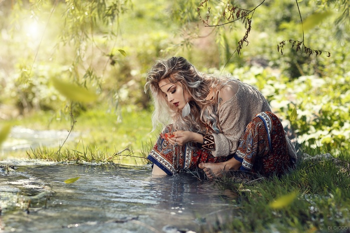 women outdoors, Alessandro Di Cicco, long hair, women, blonde, stream, model, barefoot
