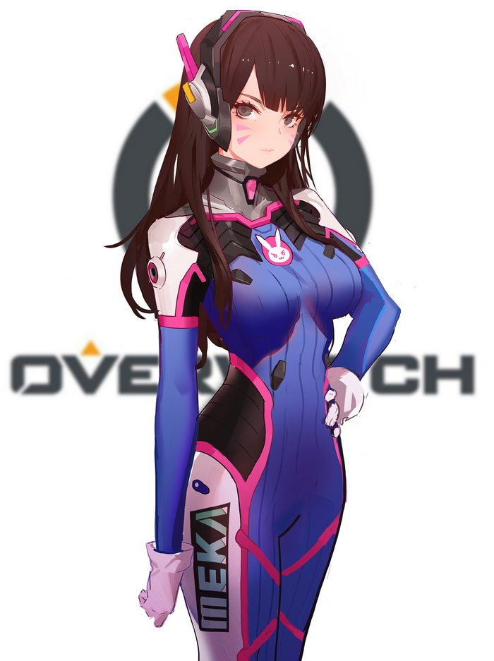 D.Va from Overwatch in a blue and pink bodysuit