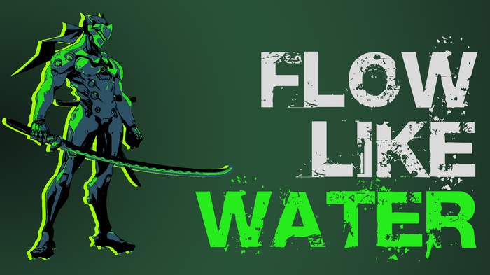 Genji from Overwatch with "Flow Like Water" text