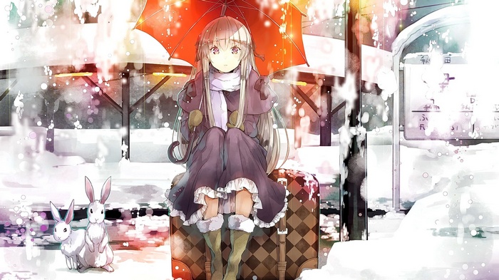 Anime girl with umbrella and rabbits in winter
