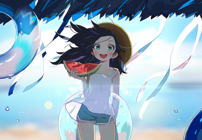 Anime girl with watermelon on the beach