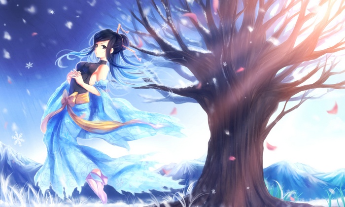 Anime girl in blue dress in snowy landscape
