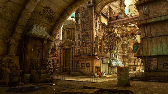 Steampunk city street with bridges and buildings