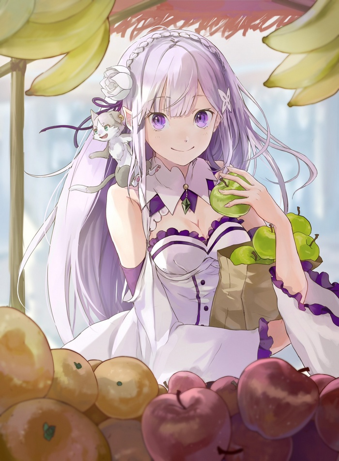 Emilia from Re:Zero at a fruit stand