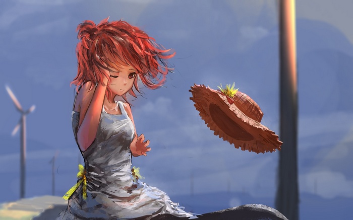 Anime girl with red hair and a straw hat flying away
