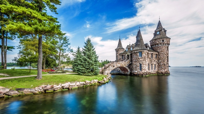 path, castle, clouds, island, lake, bench, ancient, flowers, Boldt Castle, park, USA, architecture, trees, bridge, grass, nature, landscape, water, tower, clock tower, stones, New York state