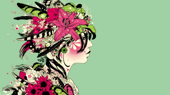 Woman with Flowers and Feathers