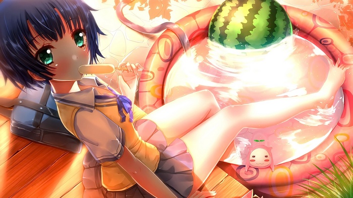 green eyes, wet body, anime, short skirt, blue hair, brunette, school uniform, schoolgirl, short hair, Ano Natsu de Matteru, anime girls, watermelons, Tanigawa Kanna, looking at viewer, ice cream