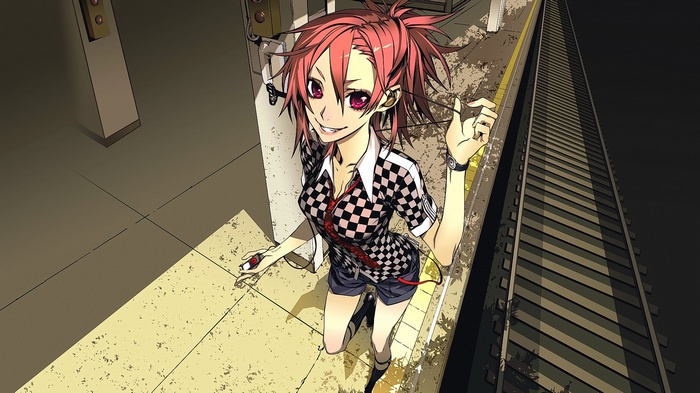 Anime girl with pink hair and purple eyes at a train station