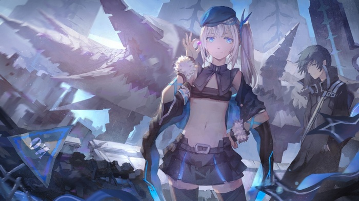 Anime girl with twintails and boy in ruins