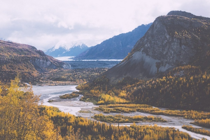 Mountains and river in autumn landscape