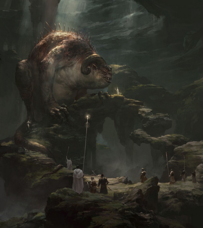Giant creature and people in a fantasy landscape