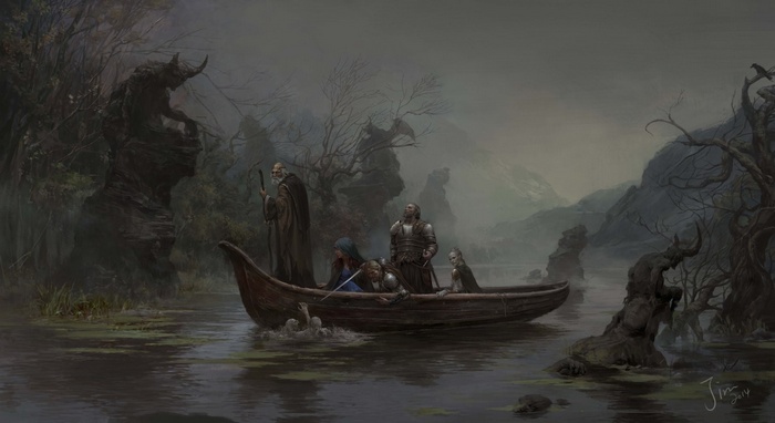 Fantasy art of people in a boat on a misty river