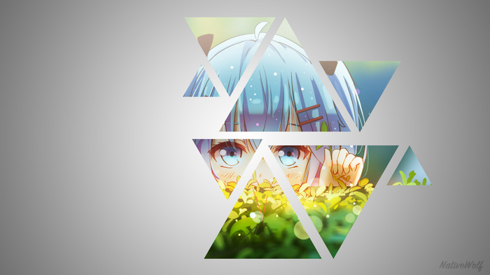 Anime girl with blue hair peeking through leaves
